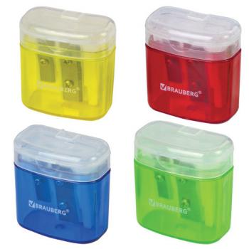 Точилка BRAUBERG "Chief", 2 отверстия для чернографитных и цветных карандашей, с контейнером, с крышкой, ассорти, 226942 - Премиум Сервис