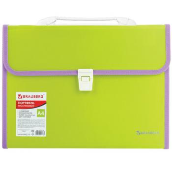 Папка-портфель пластиковая BRAUBERG "JOY", А4 (330х245х35 мм), 13 отделений, с окантовкой, салатовая, 227974 - Премиум Сервис