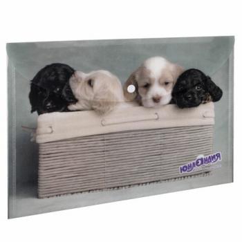 Папка-конверт с кнопкой ЮНЛАНДИЯ "Щенки", А4, 160 мкм, до 100 листов, цветная печать, 228050 - Премиум Сервис