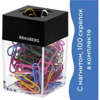 Скрепочница магнитная BRAUBERG со 100 цветными скрепками 28 мм, прозрачный корпус, 228401 - Премиум Сервис