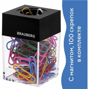 Скрепочница магнитная BRAUBERG со 100 цветными скрепками 28 мм, прозрачный корпус, 228401 - Премиум Сервис