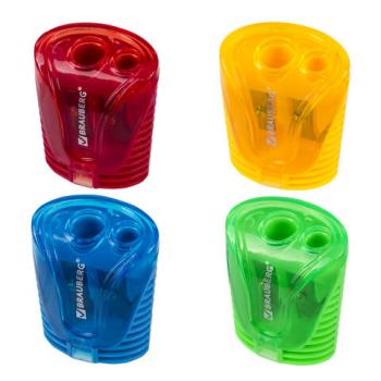 Точилка BRAUBERG "Cell Dual", 2 отверстия для чернографитных карандашей (в том числе утолщенных), с контейнером, корпус ассорти, 228435 - Премиум Сервис