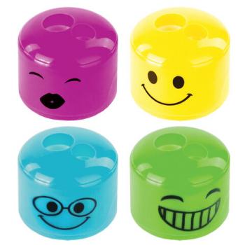 Точилка ПИФАГОР "Смайлики", 2 отверстия для чернографитных карандашей (в том числе утолщенных), с контейнером, пластиковая, ассорти, 228444 - Премиум Сервис