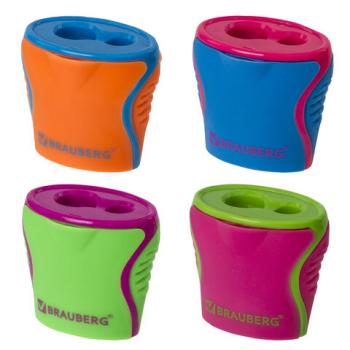 Точилка BRAUBERG "Mix Dual", 2 отверстия для чернографитных карандашей (в том числе утолщенных), с контейнером, корпус ассорти, 228449 - Премиум Сервис
