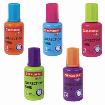 Корректирующая жидкость BRAUBERG MIX, быстросохнущая, 20 мл, с кисточкой, ассорти, 229074 - Премиум Сервис