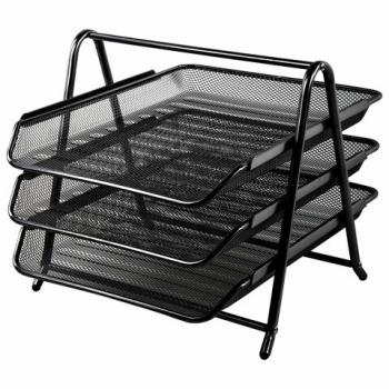 Лоток горизонтальный металлический для бумаг, 3 секции, BRAUBERG "Germanium", А4 (267х355х295 мм), черный, 231952 - Премиум Сервис