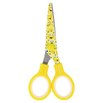 Ножницы BRAUBERG "Kid Series", 130 мм жёлто-белые с цветной печатью "Смайлики", закругленные, 232274 - Премиум Сервис