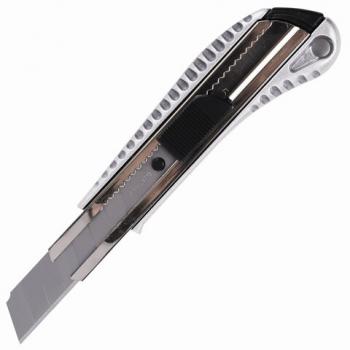 Нож канцелярский 18 мм BRAUBERG "Metallic", металлический корпус (рифленый), автофиксатор, блистер, 235401 - Премиум Сервис