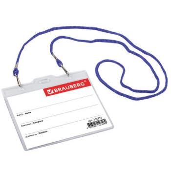 Бейдж горизонтальный БОЛЬШОЙ (90х120 мм), на синем шнурке 45 см, 2 карабина, BRAUBERG, 235715 - Премиум Сервис