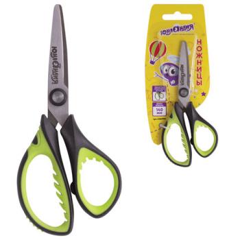 Ножницы ЮНЛАНДИЯ "BASIC", 140 мм, ребристые резиновые вставки, черно-салатовые, европодвес, 236990 - Премиум Сервис
