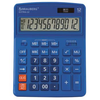 Калькулятор настольный BRAUBERG EXTRA-12-BU (206x155 мм), 12 разрядов, двойное питание, СИНИЙ, 250482 - Премиум Сервис