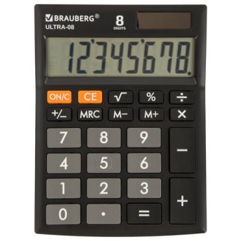 Калькулятор настольный BRAUBERG ULTRA-08-BK, КОМПАКТНЫЙ (154x115 мм), 8 разрядов, двойное питание, ЧЕРНЫЙ, 250507 - Премиум Сервис