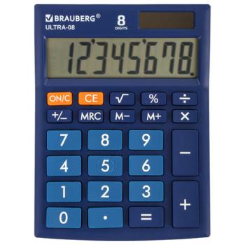 Калькулятор настольный BRAUBERG ULTRA-08-BU, КОМПАКТНЫЙ (154x115 мм), 8 разрядов, двойное питание, СИНИЙ, 250508 - Премиум Сервис
