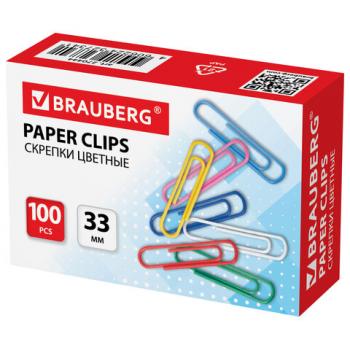 Скрепки BRAUBERG, 33 мм, цветные, 100 шт., в картонной коробке, 270444 - Премиум Сервис