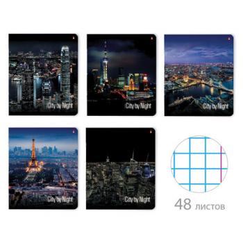 Тетрадь А5 48 л. АЛЬТ скоба, клетка, глянцевый лак, "Ночные города" (5 видов), 7-48-727 - Премиум Сервис