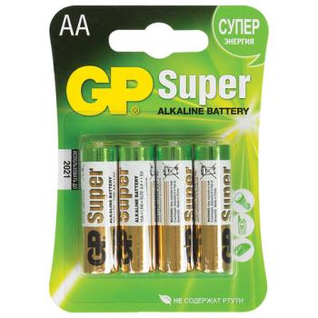 Батарейки КОМПЛЕКТ 4 шт., GP Super, AA (LR06, 15А), алкалиновые, пальчиковые, блистер - Премиум Сервис
