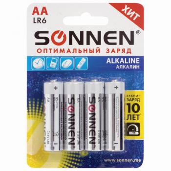 Батарейки КОМПЛЕКТ 4 шт., SONNEN Alkaline, АА (LR6, 15А), алкалиновые, пальчиковые, блистер, 451085 - Премиум Сервис
