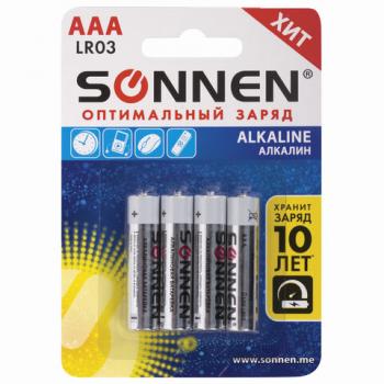 Батарейки КОМПЛЕКТ 4 шт., SONNEN Alkaline, AAA (LR03, 24А), алкалиновые, мизинчиковые, в блистере, 451088 - Премиум Сервис
