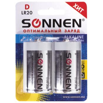 Батарейки КОМПЛЕКТ 2 шт, SONNEN Alkaline, D (LR20, 13А), алкалиновые, в блистере, 451091 - Премиум Сервис