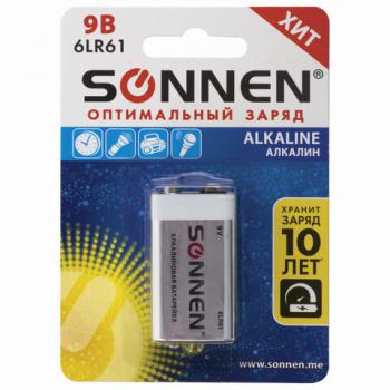 Батарейка SONNEN Alkaline, Крона (6LR61, 6LF22, 1604A), алкалиновая, 1 шт., блистер, 451092 - Премиум Сервис