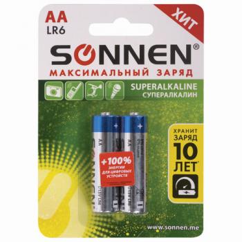 Батарейки КОМПЛЕКТ 2 шт., SONNEN Super Alkaline, АА(LR6,15А), алкалиновые, пальчиковые, в блистере, 451093 - Премиум Сервис