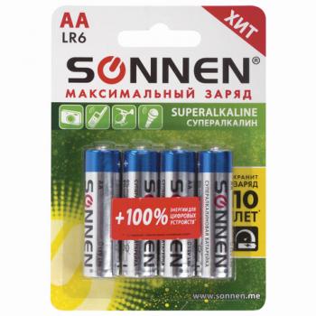 Батарейки КОМПЛЕКТ 4 шт., SONNEN Super Alkaline, АА (LR6,15А), алкалиновые, пальчиковые, блистер, 451094 - Премиум Сервис