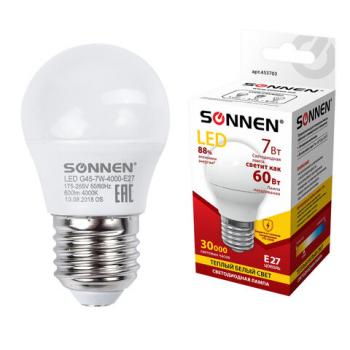 Лампа светодиодная SONNEN, 7 (60) Вт, цоколь E27, шар, теплый белый свет, 30000 ч, LED G45-7W-2700-E27, 453703 - Премиум Сервис