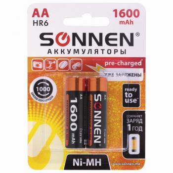 Батарейки аккумуляторные КОМПЛЕКТ 2 шт., SONNEN, АА (HR6), Ni-Mh, 1600 mAh, в блистере, 454233 - Премиум Сервис