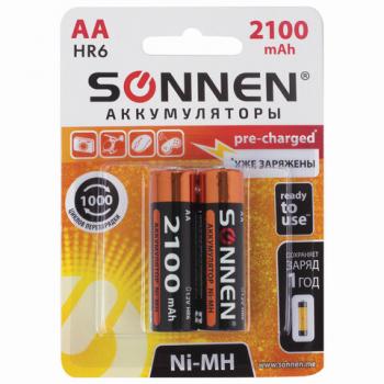 Батарейки аккумуляторные КОМПЛЕКТ 2 шт., SONNEN, АА (HR6), Ni-Mh, 2100 mAh, в блистере, 454234 - Премиум Сервис