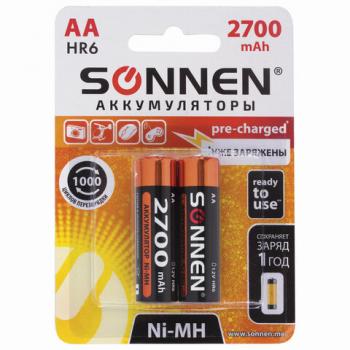 Батарейки аккумуляторные КОМПЛЕКТ 2 шт., SONNEN, АА (HR6), Ni-Mh, 2700 mAh, в блистере, 454235 - Премиум Сервис