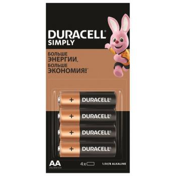 Батарейки КОМПЛЕКТ 4 шт. (отрывной блок), DURACELL Simply, AA (LR06, 15А), алкалиновые, пальчиковые, 5009139 - Премиум Сервис
