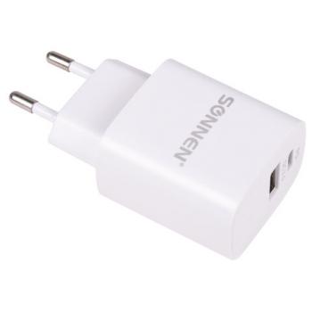 Зарядное устройство быстрое сетевое (220В) SONNEN, порты USB+Type-C, QC 3.0, 3 А, белое, 455505 - Премиум Сервис