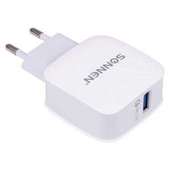 Быстрое зарядное устройство сетевое (220В) SONNEN, порт USB, QC 3.0, выходной ток 3А, белое, 455506 - Премиум Сервис