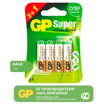 Батарейки GP Super, AA (LR6, 15А), алкалиновые, пальчиковые, КОМПЛЕКТ 4 шт., ПРОМО 3+1, 15A3/1-2CR4 - Премиум Сервис