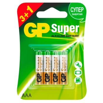 Батарейки GP Super, AAA (LR03, 24А), алкалиновые, мизинчиковые, КОМПЛЕКТ 4 шт., ПРОМО 3+1, 24A3/1-2CR4 - Премиум Сервис