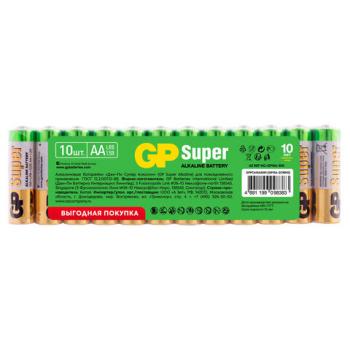 Батарейки GP Super, AA (LR6,15А), алкалиновые, пальчиковые, КОМПЛЕКТ 10 шт., в пленке, 15A-2CRB10, GP 15A-2CRB10 - Премиум Сервис