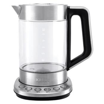 Чайник KITFORT КТ-622, 1,7 л, 2200 Вт, закрытый нагревательный элемент, ТЕРМОРЕГУЛЯТОР, заварник, стекло, серебро - Премиум Сервис