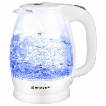 Чайник BRAYER BR1013WH, 1,8 л, 2200 Вт, закрытый нагревательный элемент, стекло, белый - Премиум Сервис