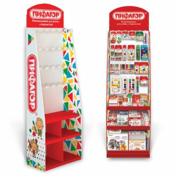 Стойка для размещения товара напольная ПИФАГОР, 200х60х40 см, 3 полки, 25 крючков, картон, 503692 - Премиум Сервис