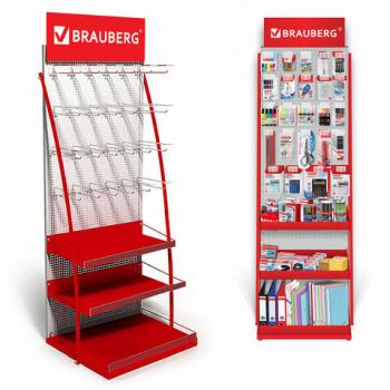 Стойка для размещения товара напольная BRAUBERG, 2050x600x500 мм, 25 крючков, 3 полки, металл, 504874 - Премиум Сервис