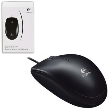 Мышь проводная LOGITECH B100, USB, 2 кнопки + 1 колесо-кнопка, оптическая, черная, 910-003357 - Премиум Сервис