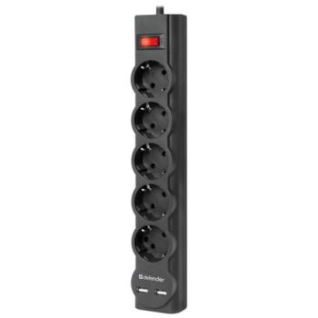 Сетевой фильтр DEFENDER DFS 753, 5 розеток, 2 разъема USB, 3 м, черный, 99753 - Премиум Сервис