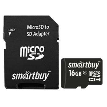 Карта памяти microSDHC, 16 GB, SMARTBUY, 10 Мб/сек. (class 10), с адаптером, SB16GBSDCL10-01 - Премиум Сервис