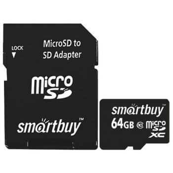 Карта памяти micro SDXC, 64 GB, SMARTBUY, 10 Мб/сек. (class 10), с адаптером, SB64GBSDCL10-01 - Премиум Сервис