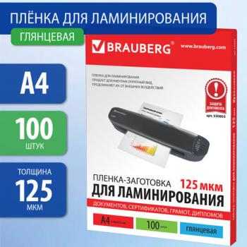 Пленки-заготовки для ламинирования А4, КОМПЛЕКТ 100 шт., 125 мкм, BRAUBERG, 530803 - Премиум Сервис