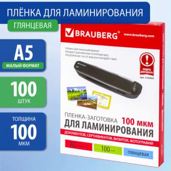 Пленки-заготовки для ламинирования МАЛОГО ФОРМАТА, А5, КОМПЛЕКТ 100 шт., 100 мкм, BRAUBERG, 530805 - Премиум Сервис