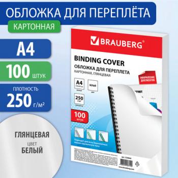 Обложки картонные для переплета, А4, КОМПЛЕКТ 100 шт., глянцевые, 250 г/м2, белые, BRAUBERG, 530840 - Премиум Сервис