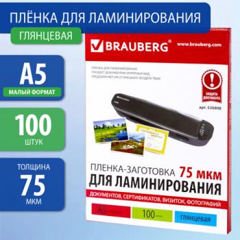Пленки-заготовки для ламинирования МАЛОГО ФОРМАТА, А5, КОМПЛЕКТ 100 шт., 75 мкм, BRAUBERG, 530898 - Премиум Сервис