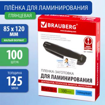 Пленки-заготовки для ламинирования МАЛОГО ФОРМАТА (85х120 мм), КОМПЛЕКТ 100 штук, 125 мкм, BRAUBERG, 530901 - Премиум Сервис