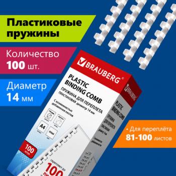 Пружины пластиковые для переплета, КОМПЛЕКТ 100 шт., 14 мм (для сшивания 81-100 л.), белые, BRAUBERG, 530918 - Премиум Сервис